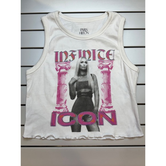 Paris Hilton Tops - Paris Hilton‎ Infinite Icon White Ribbed Graphic Crop Tank Top Small Y2K